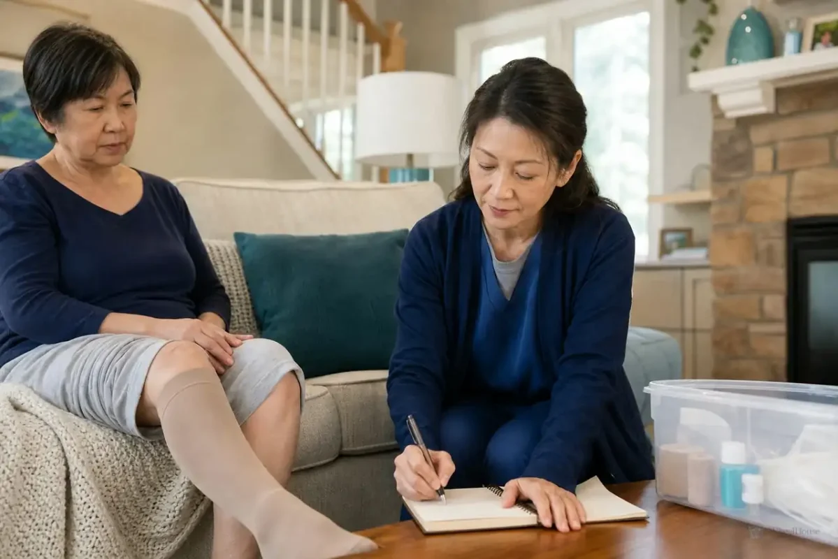 Patient preparing practical notes for compression therapy for leg swelling or ulcers