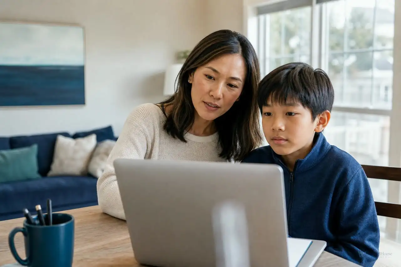 Parent and child preparing for an appropriate pediatric telehealth appointment at home