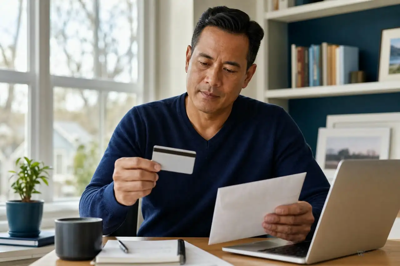 Adult reviewing HSA and FSA healthcare payment paperwork at home